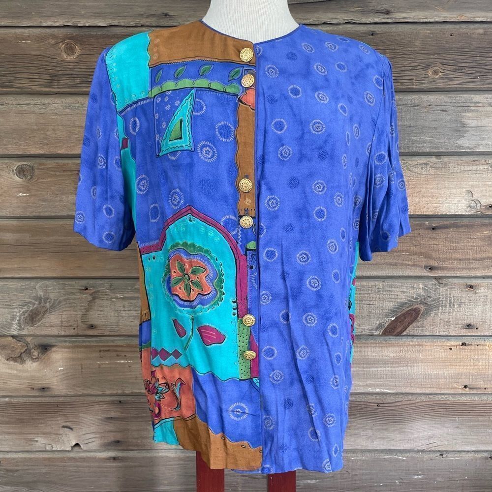 Vintage A.K.F. Short Sleeve Button Down Top Size M EUC